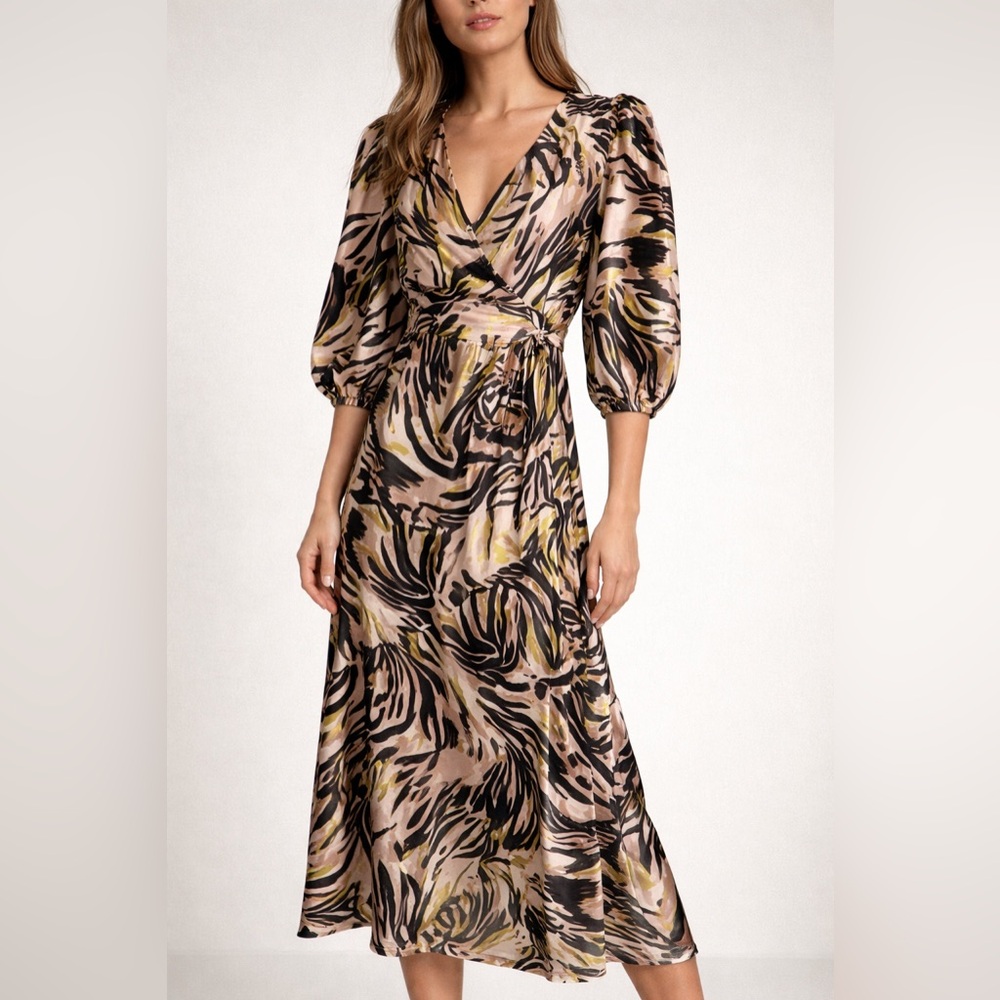 Bar III Neutral Abstract Maxi Dress Small Faux Wrap Balloon Sleeve Midi Dress
